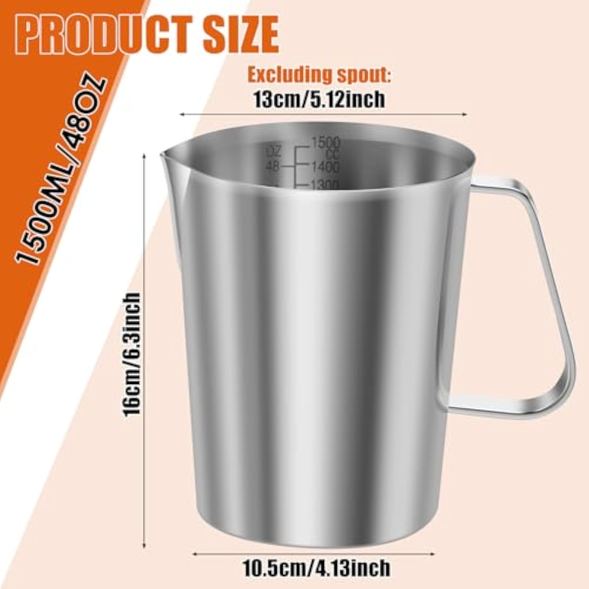 1500ml Stainless Steel Milk Jug with Clear Marking
